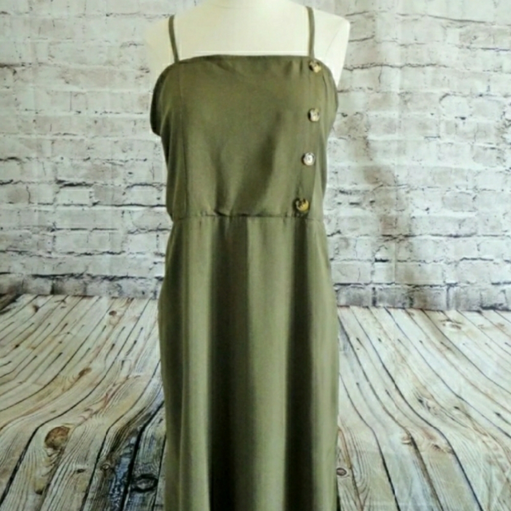* New Halter Neck Sleeveless Midi Dress Olive Green Casual Size Xs Pockets Solid
